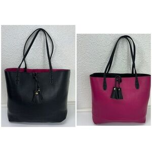 Women's Street Level Reversible Vegan Leather Tote Bag Black & Berry Casual Chic